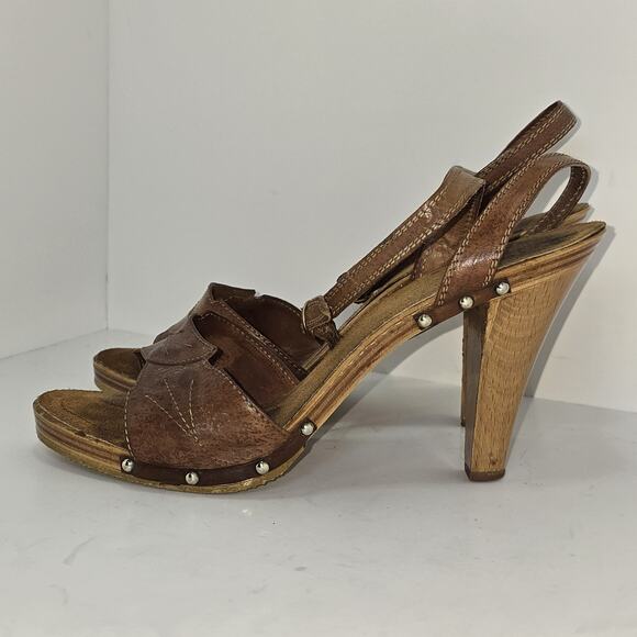 Vintage Italian Leather Wooden Heel Slingback Clog Sandals Studded Brown Size 7 - Picture 4 of 10